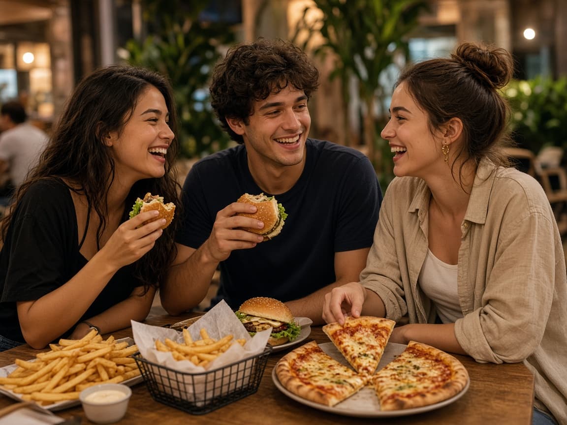 Friends sharing burgers, fries, and pizza together at a food-court table