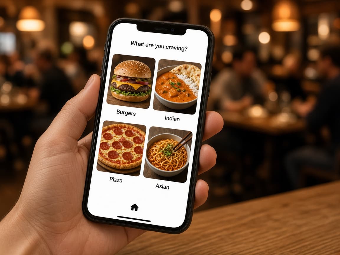 A phone showing burgers, Indian food, pizza, and Asian dishes from different stalls
