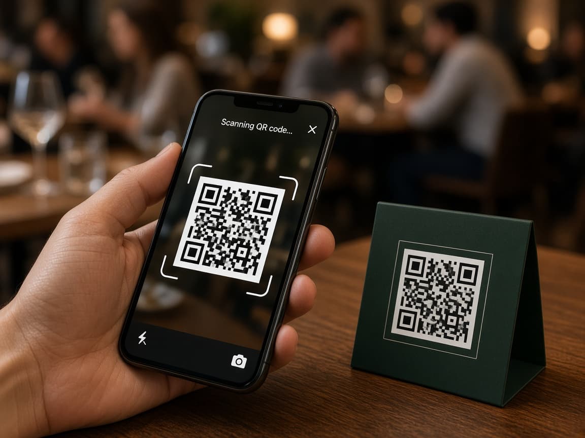 A hand holding a phone scanning a QR stand on a restaurant table